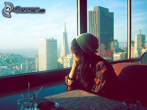 stadsutsikt, San Francisco, skyskrapor, tjej, restaurang, bar