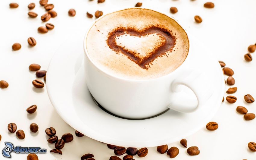 cappuccino, skum, hjärta, kaffebönor