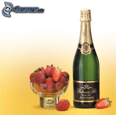 champagne, glas med jordgubbar