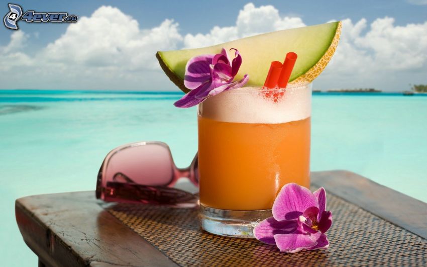 cocktail, solglasögon, orkidéer, hav