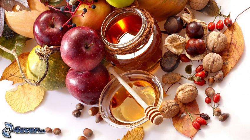 honung, äpplen, nötter, kastanjer