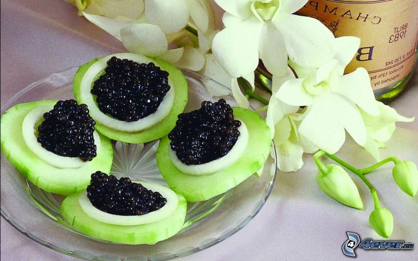 kaviar, gurkor, liljor