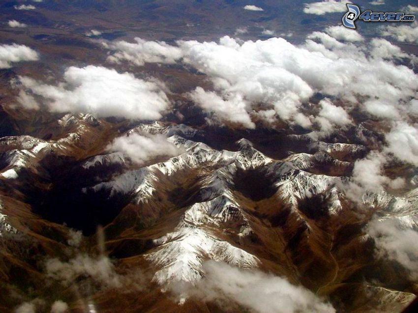 bergskedja, Tibet, flygfoto, moln