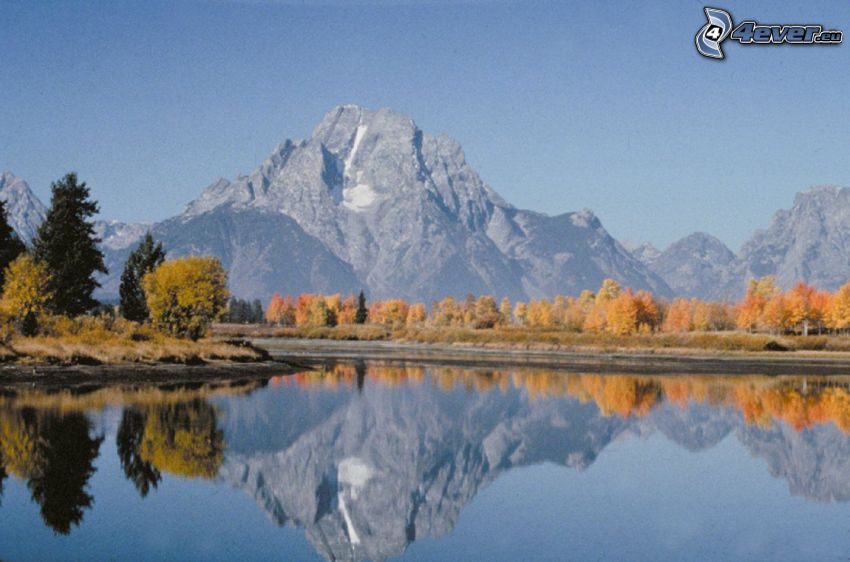 Mount Moran, Wyoming, sjö, spegling, barrskog, klippigt berg