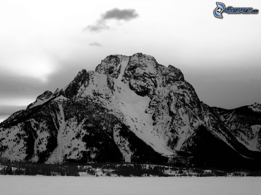 Mount Moran, Wyoming, snöigt berg, svartvitt foto