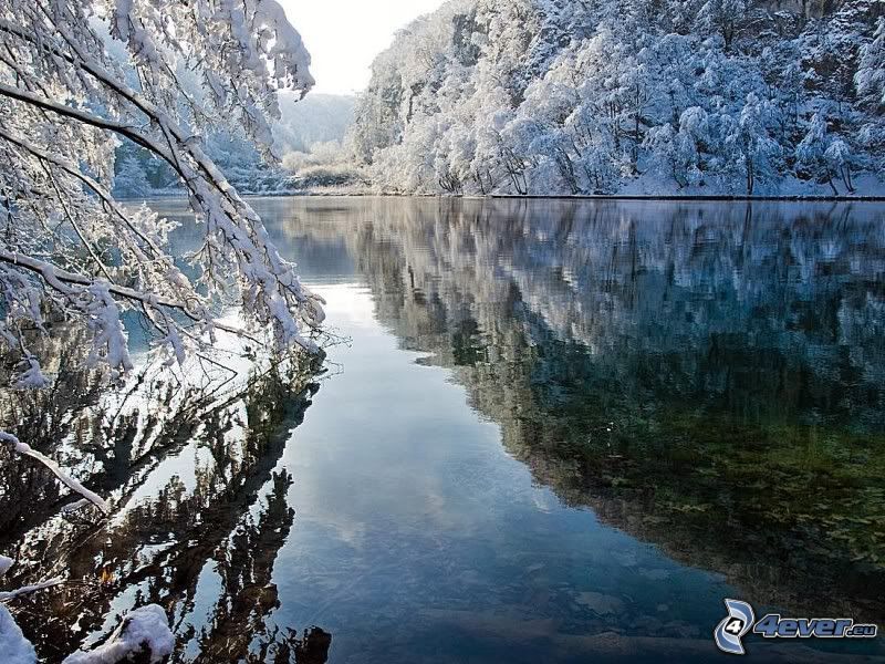 flod på vintern, snöigt landskap