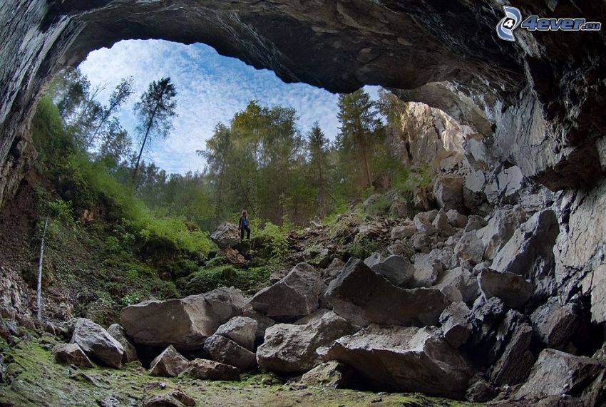 grotta, klippor, människa, grönska