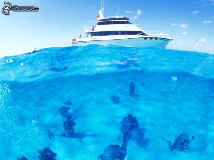dykare, yacht, azurblå hav, Caymanöarna