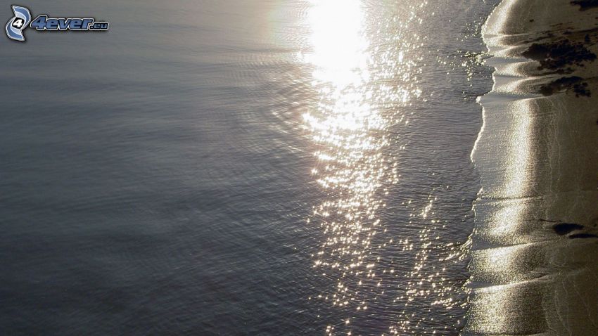 hav, reflektion av solen, sandstrand
