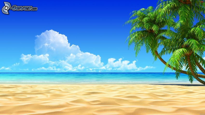 öppet hav, sandstrand, palmer, tecknat