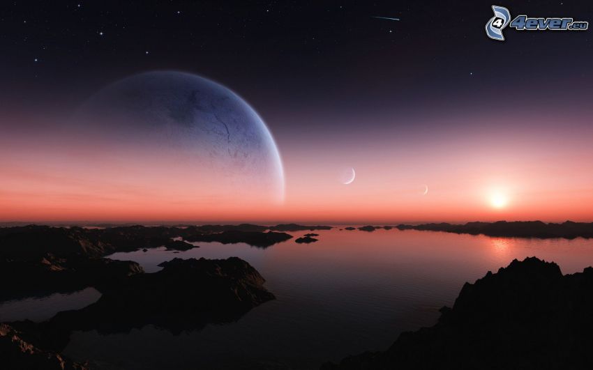 science fiction-landskap, hav, klippor, måne, natthimmel, solnedgång