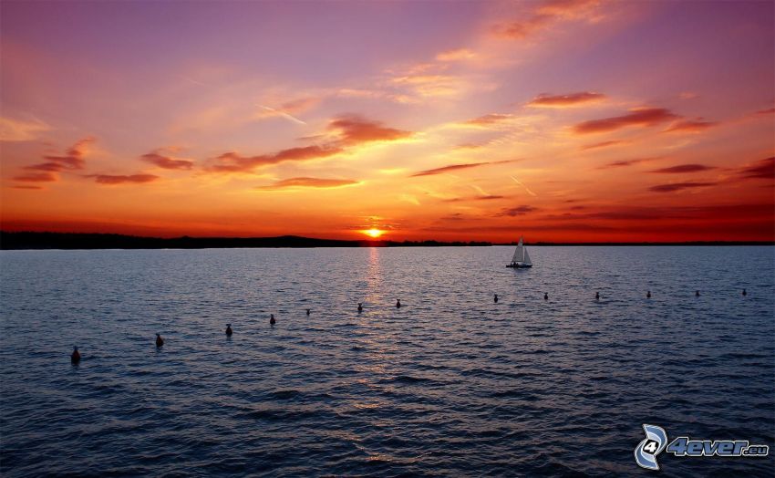 solnedgång över havet, båt