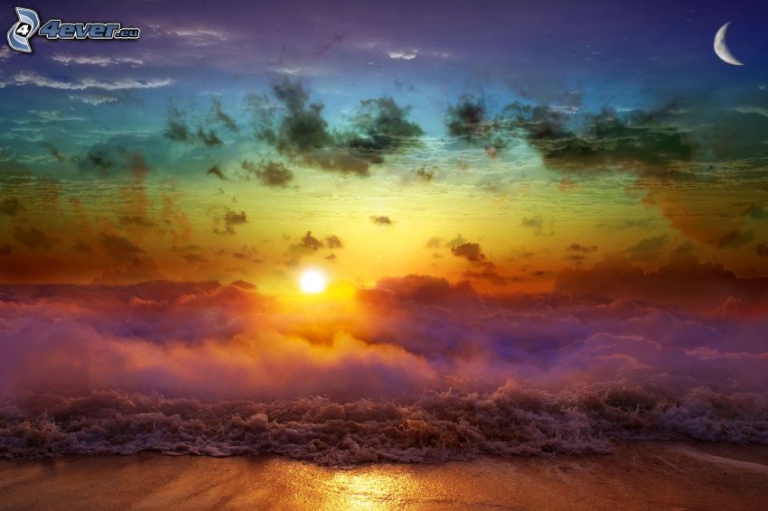 solnedgång över havet, moln, strand, måne