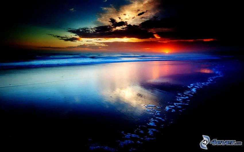 solnedgång över havet, strand, mörk solnedgång