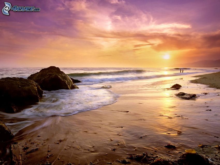 solnedgång över havet, strand, stenar, Malibu