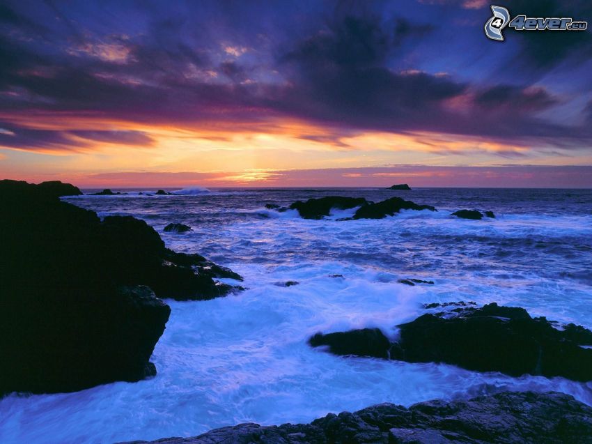 strand efter solnedgång, stormigt hav, vågor vid kusten