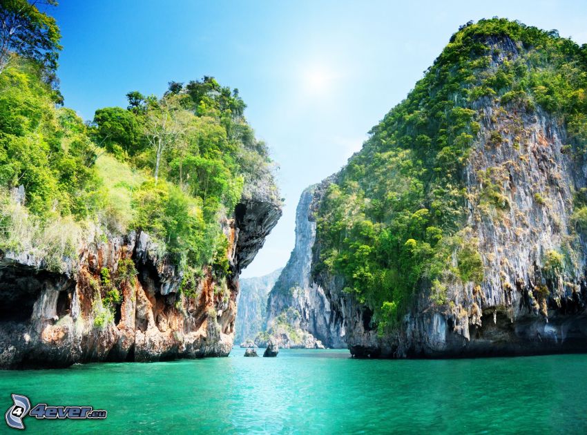 Thailand, klippor i havet, azurblå hav, vik