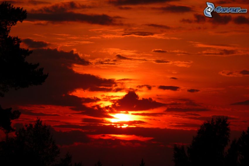 orange solnedgång, sol bakom molnen