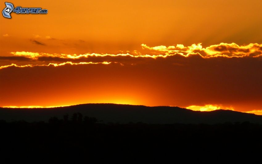 silhuett av horisont, kullar, orange himmel, efter solnedgången