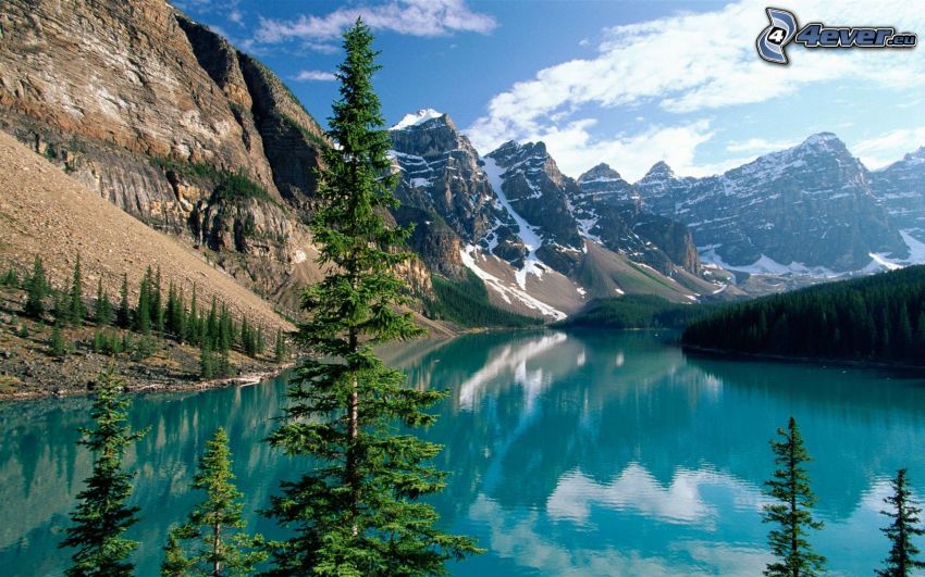 Banff National Park, Alberta, Kanada, sjö, snöklädda berg, barrträd