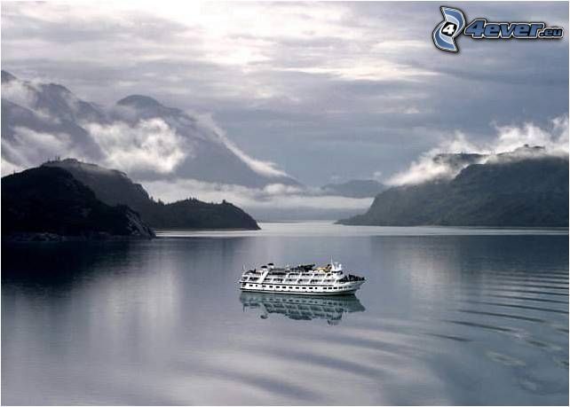 kryssningsbåt, fjord, hav, vatten