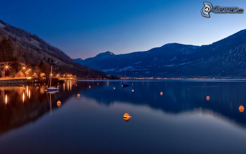 sjö, snöklädda berg, Schweiz