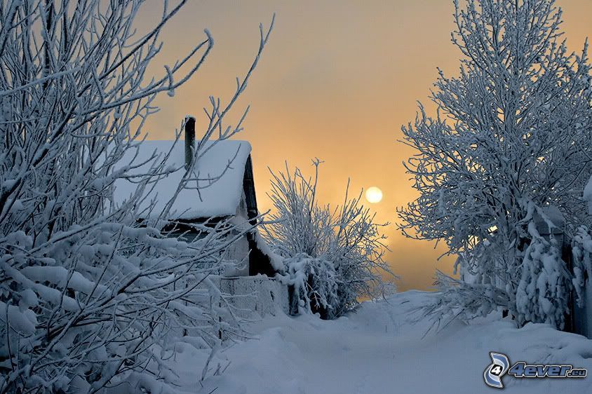snöig gata, översnöat hus, solnedgång på vintern