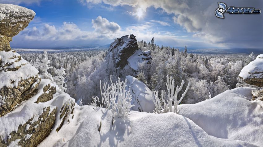 snöigt landskap, klippor, moln, sol
