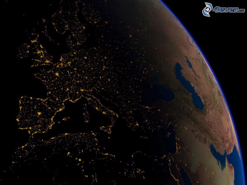 Jorden, upplyst Europa på natten, dag och natt