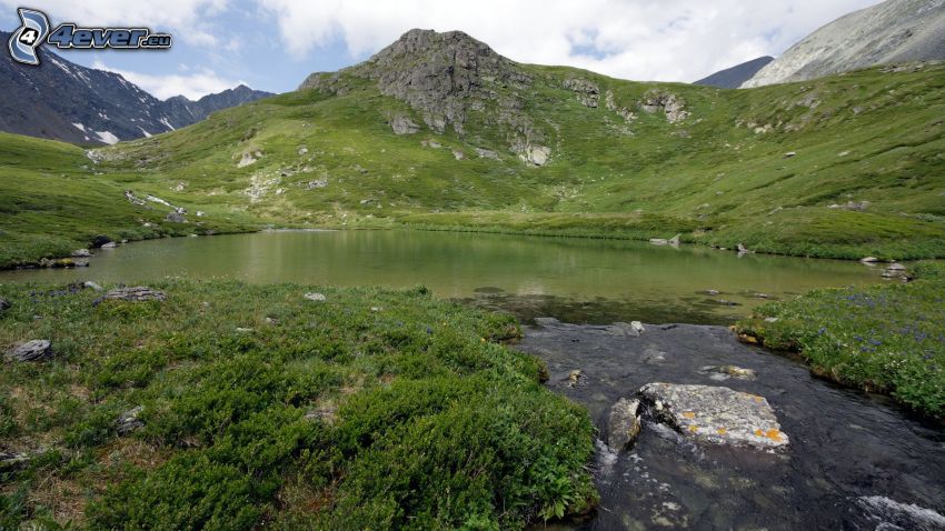 sjö, bäck, steniga kullar