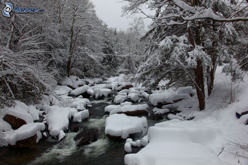 snöigt landskap, flod