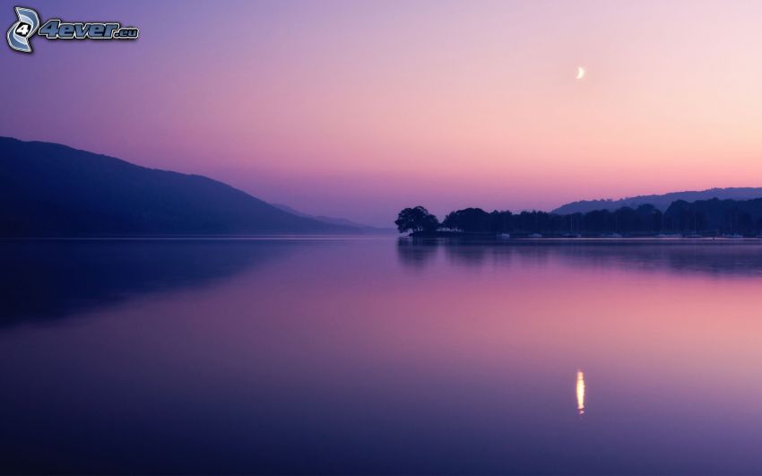 stor sjö, efter solnedgången, rosa himmel