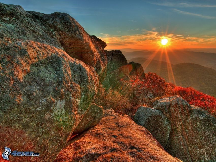 Utah National Park, solnedgång i fjällen, stenar, berg, HDR