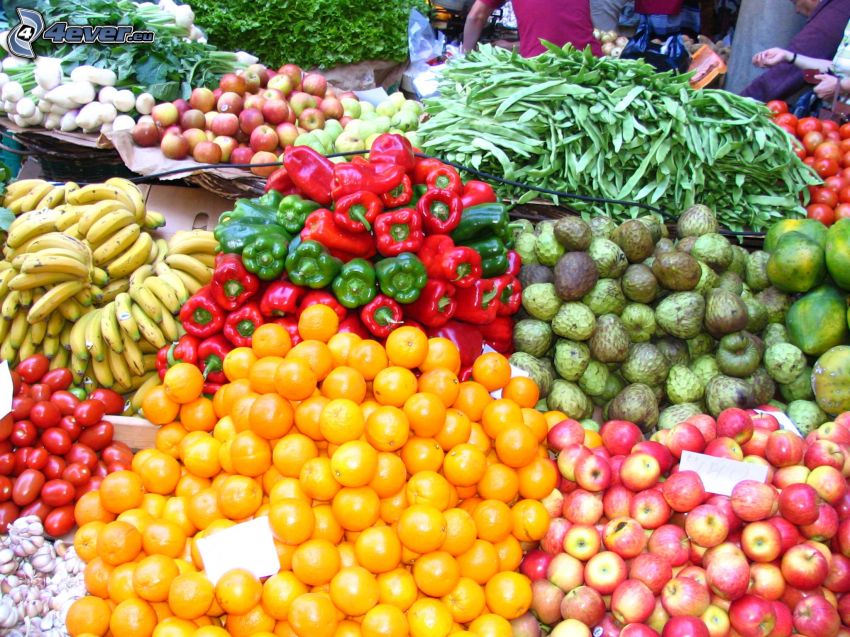 marknadsplats, grönsaker, frukt, paprikor, bananer, äpplen, apelsiner