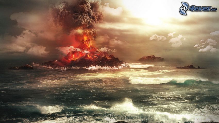 vulkanutbrott, stormigt hav