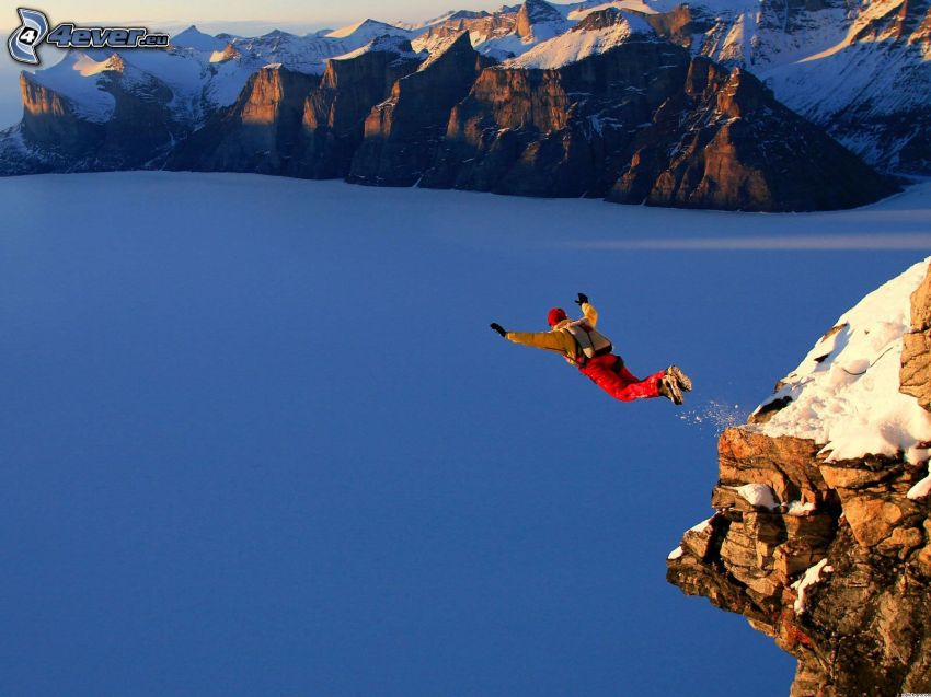 BASE Jump, hopp, adrenalin, klippor, snöklädda berg