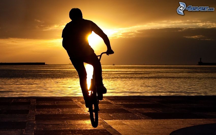 cyklist, solnedgång över hav, silhuett