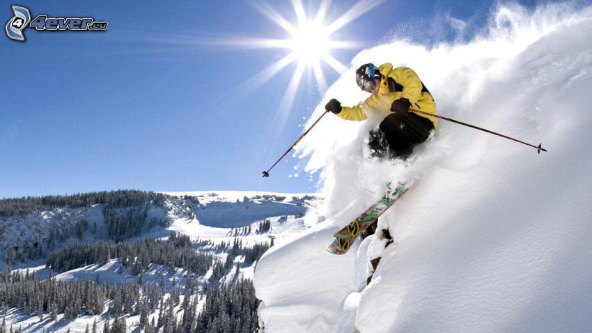 extrem skidåkning, skidhopp, snöklädda berg