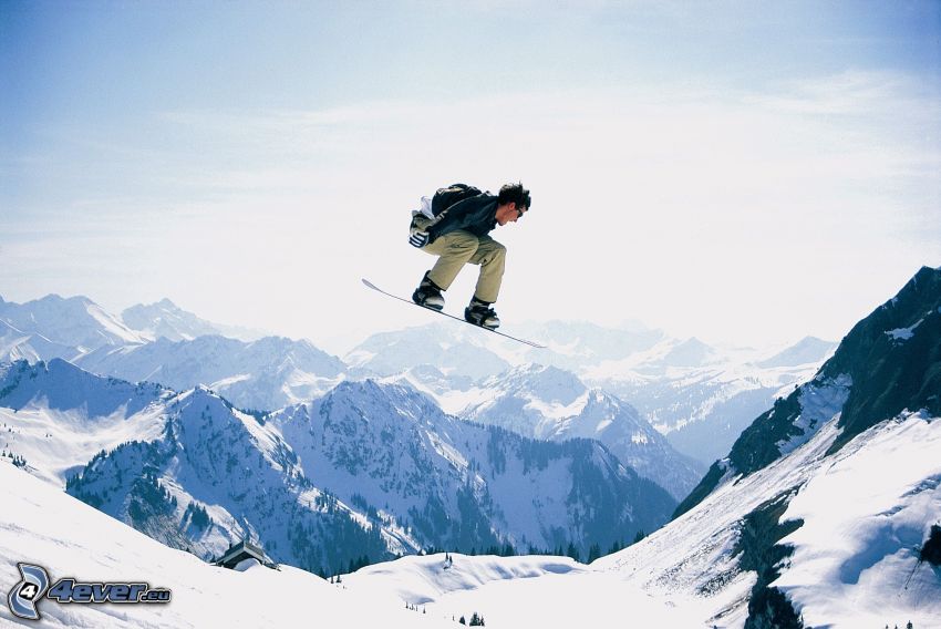 snowboardhopp, snöklädda berg