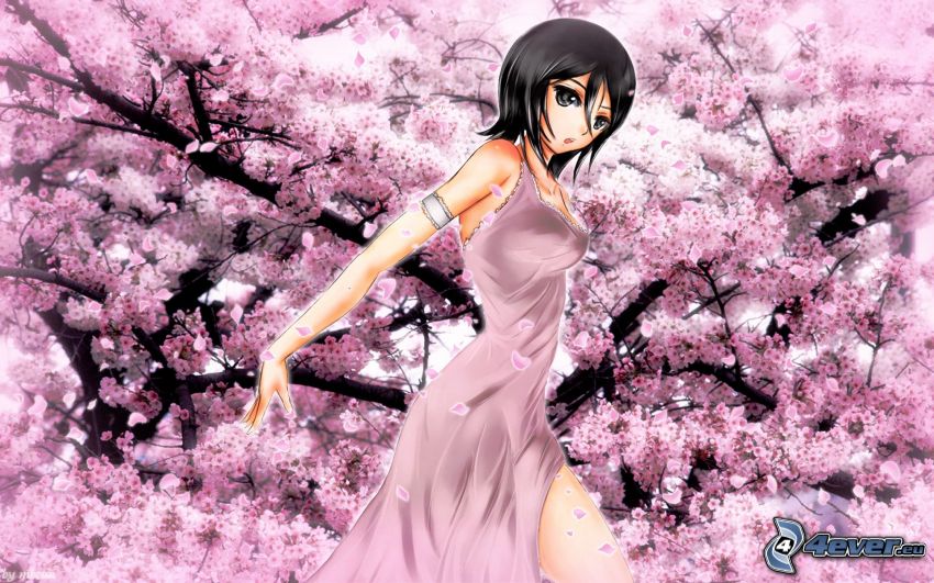 anime flicka, blommande träd