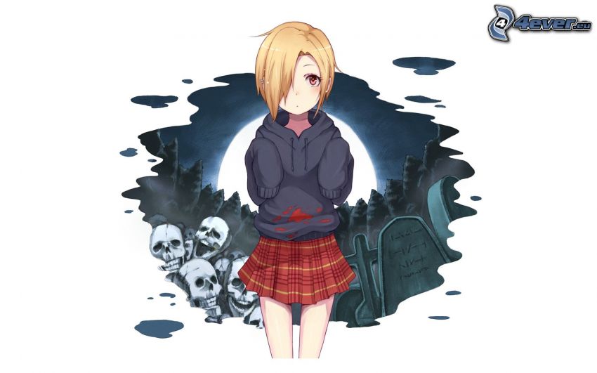 anime flicka, blondin, kyrkogård, dödskallar