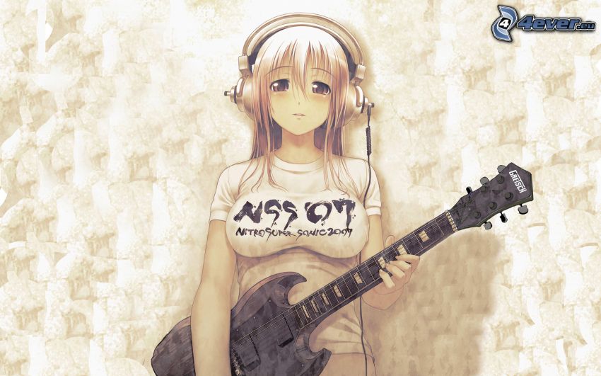 anime flicka, flicka med gitarr, hörlurar