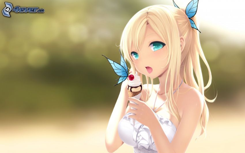 anime flicka, glass, blå fjäril