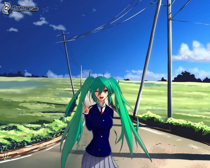anime flicka, grönt hår