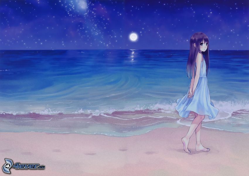 anime flicka, hav, måne, strand