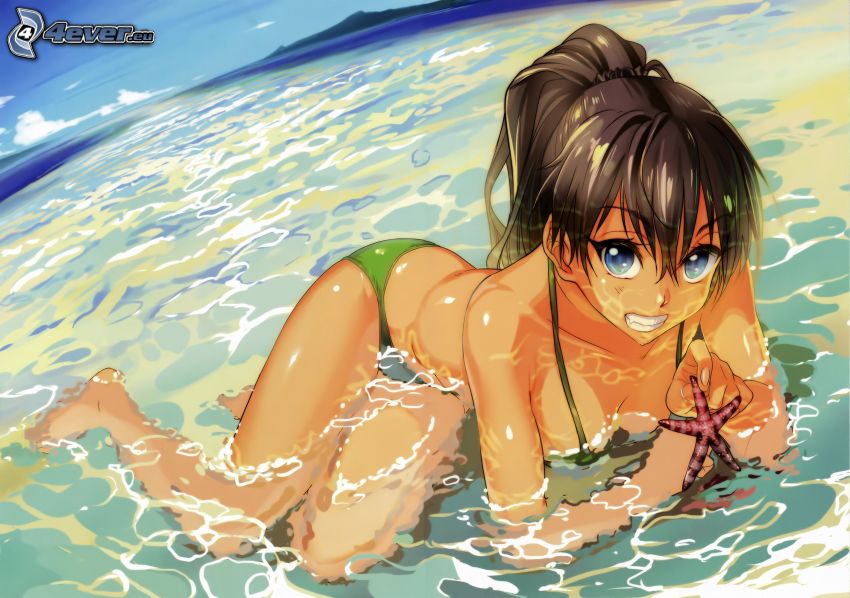anime flicka, kvinna i baddräkt, tecknad kvinna, vatten