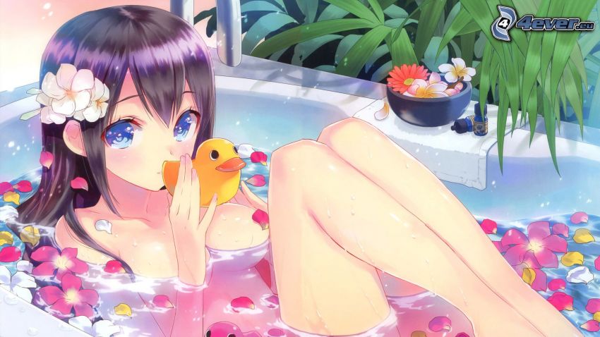 anime flicka, kvinna i badkar