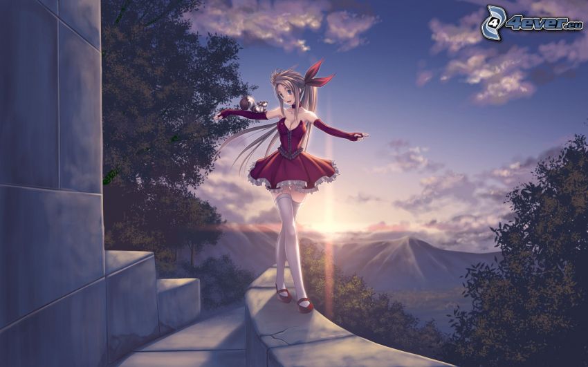 anime flicka, mur, solnedgång bakom bergen