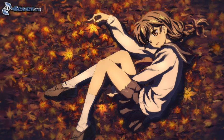 anime flicka, nedfallna löv