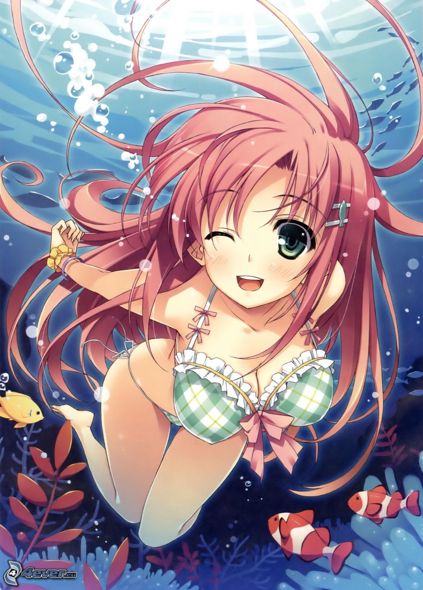 anime flicka, simmande under vatten, blink, clownfisk